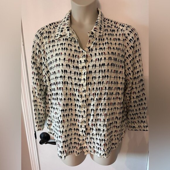 Jane &Delancey White Black Parrot Bird Long Sleeve Button Down Women 1X #1838 - Picture 6 of 10
